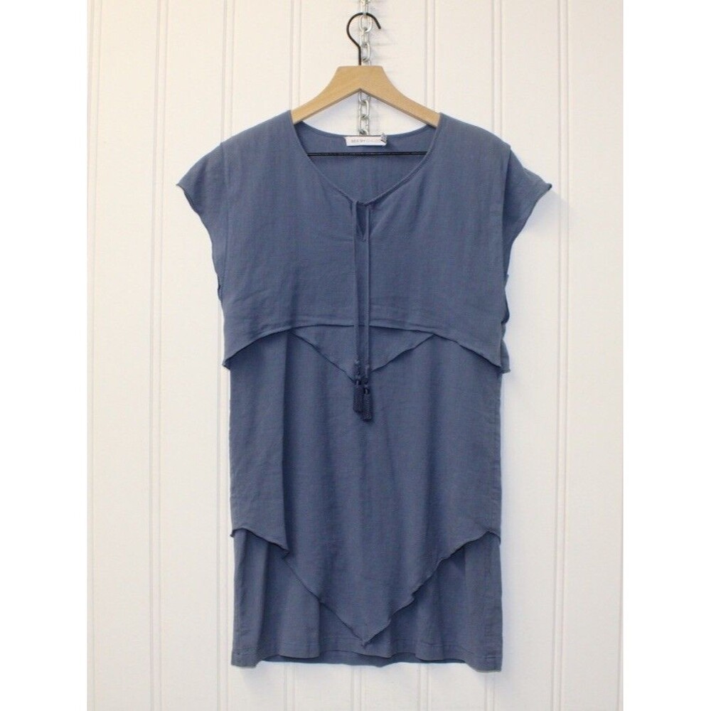 See‎ by Chloe Blue Tiered Tassel Boho Dress Short Sleeve V-neck Layered Size 4